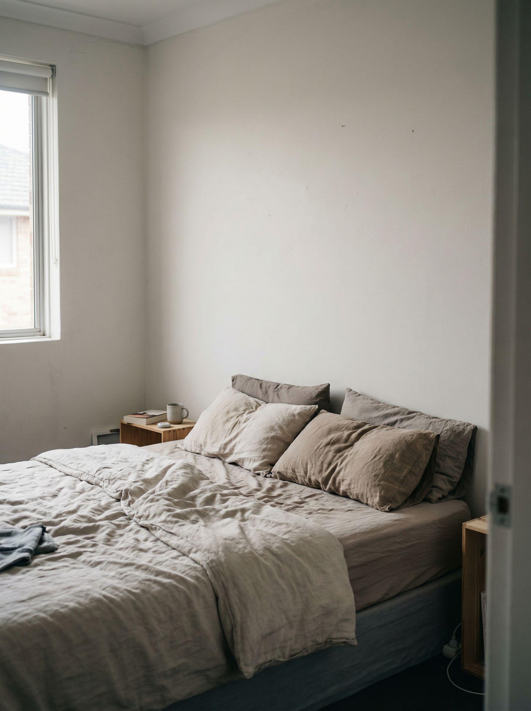 Rental bedroom with a bed floating against a bare white wall