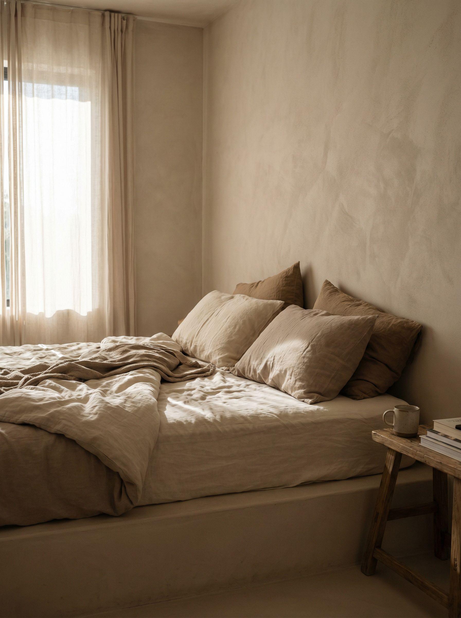 Bed with pillows piled against a bare wall, no headboard
