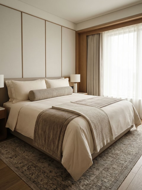 Hotel bed with bed runner and layered bedding
