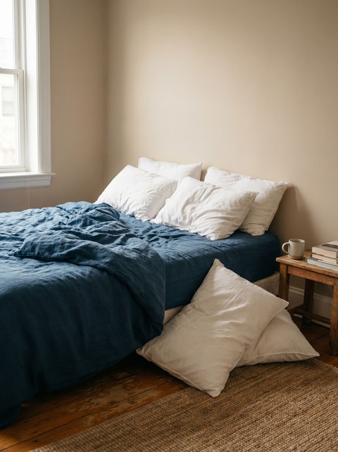 Unmade bed with blue sheets, pillows bunched against wall