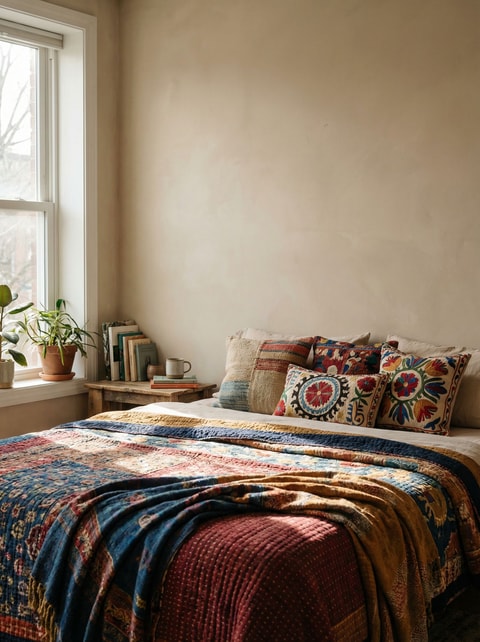 Colorful bedding but no headboard, pillows against bare wall
