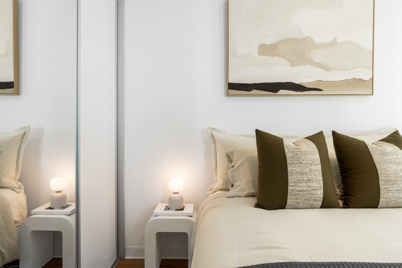 Minimalist bedroom with natural linen bedhead cushion